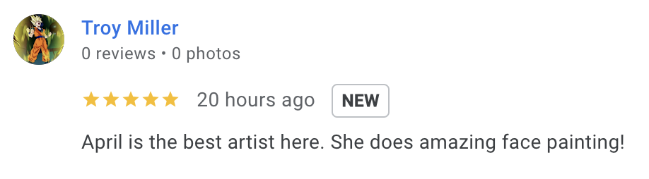 A 5 star verified review for Face Painters NH